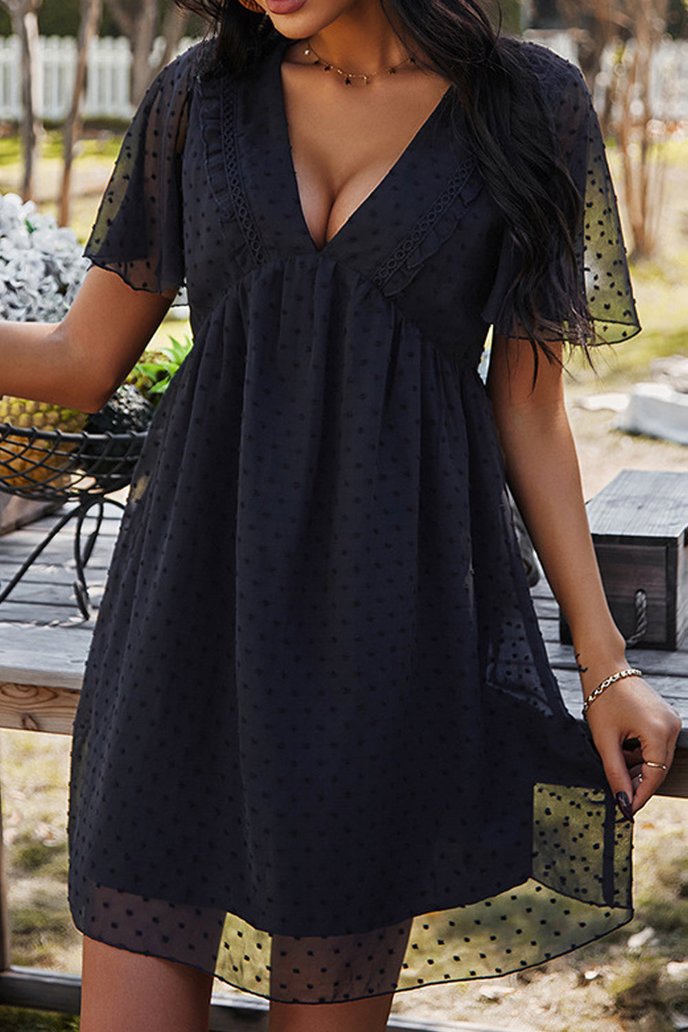 Women Above Knee Lovely Solid Colored Deep V-Neck Thin Short Sleeve Summer Restful Weekend Dress