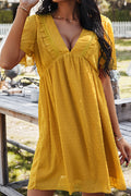 Women Above Knee Lovely Solid Colored Deep V-Neck Thin Short Sleeve Summer Restful Weekend Dress