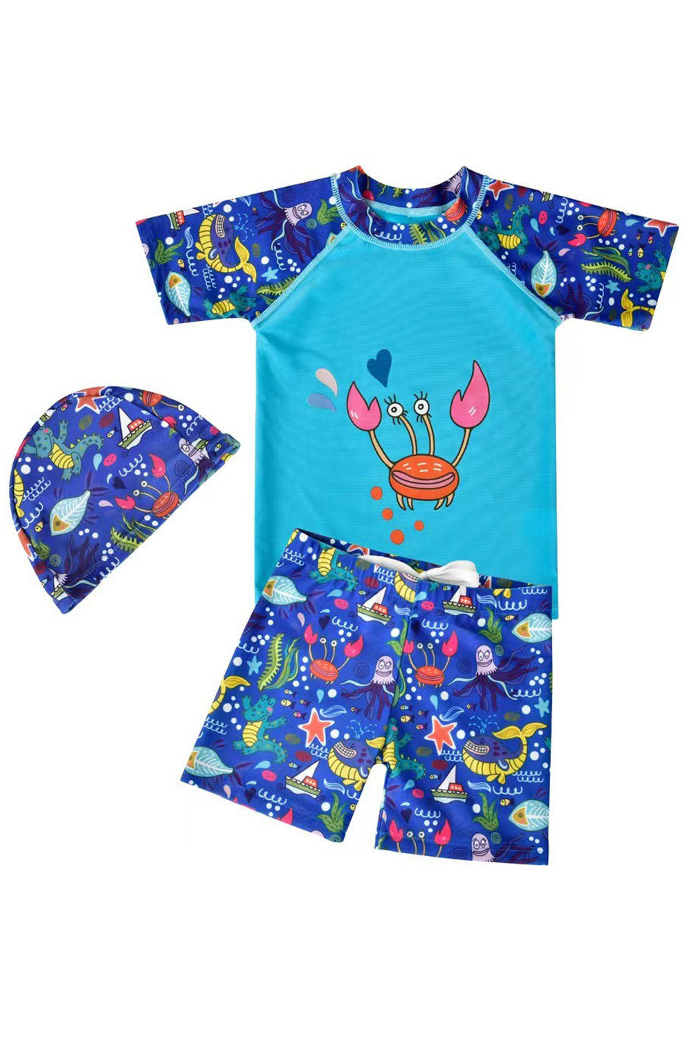 Kids Boys Breathable Short Sleeve Elasticated Mid-Waist Easy Round Neck Two-Piece Pool Swimwear