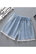 Kids Girls Decorated Lace Design Elasticated Waist Casual Summer Denim Short