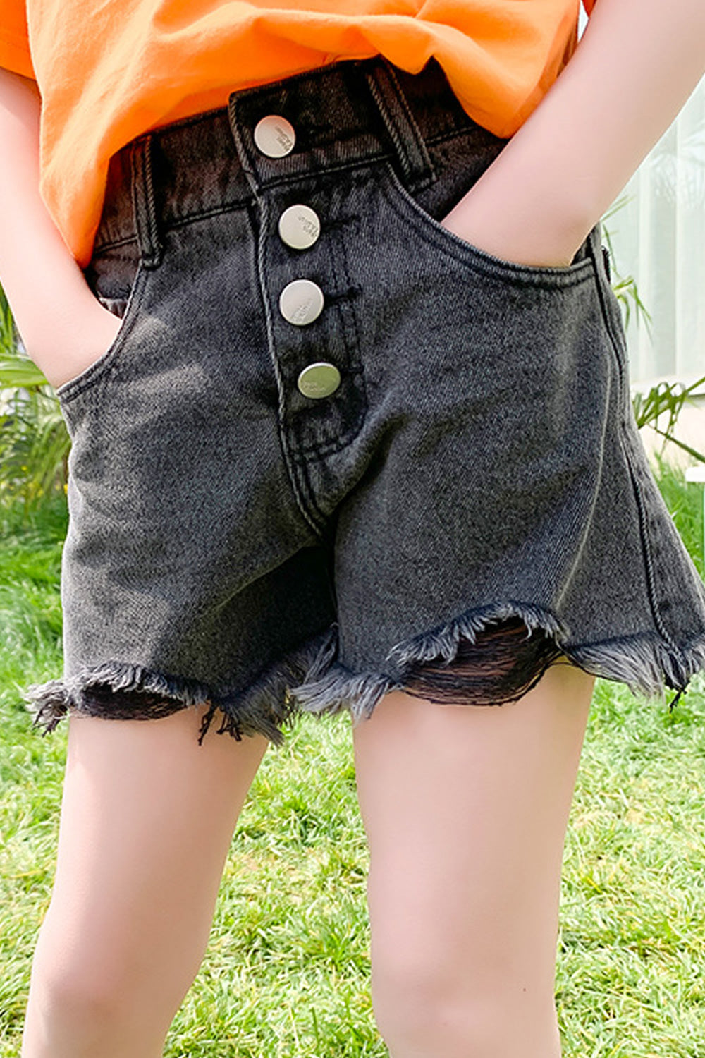 Kids Girls Fancy Ribbed Style Solid Pattern Denim Summer Short