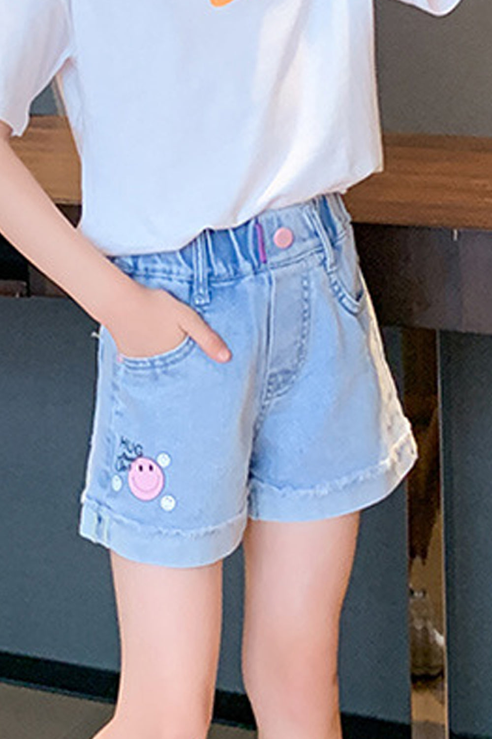 Kids Girls Cute Elasticated WaistBand Cartoon Print Pattern Denim Summer Short
