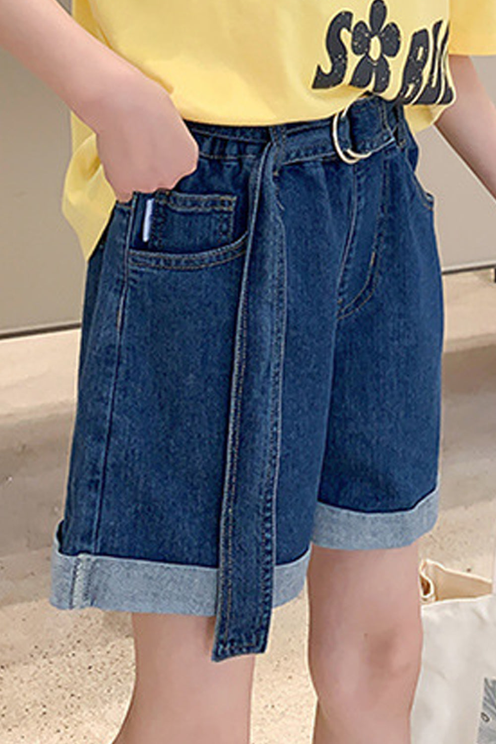 Kids Girls Elegant Solid Pattern Adjustable Waist Belt Loops Summer Denim Short