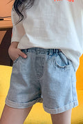 Kids Girls Smart Elasticated Waist Solid Pattern Casual Summer Denim Short