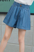 Kids Girls Loose Style Elasticated Waist Solid Pattern Thin Casual Summer Denim Short