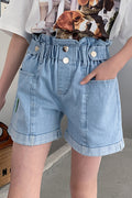 Kids Girls Fancy Elasticated Waist Solid Pattern Flap Pockets Casual Summer Denim Short