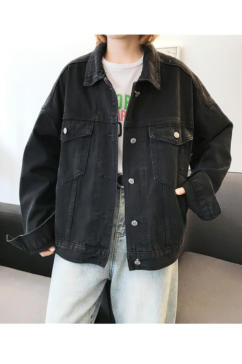 Women Superb Solid Colored Button Closure Long Sleeve Collar Neck Trendy Loose Denim Jacket