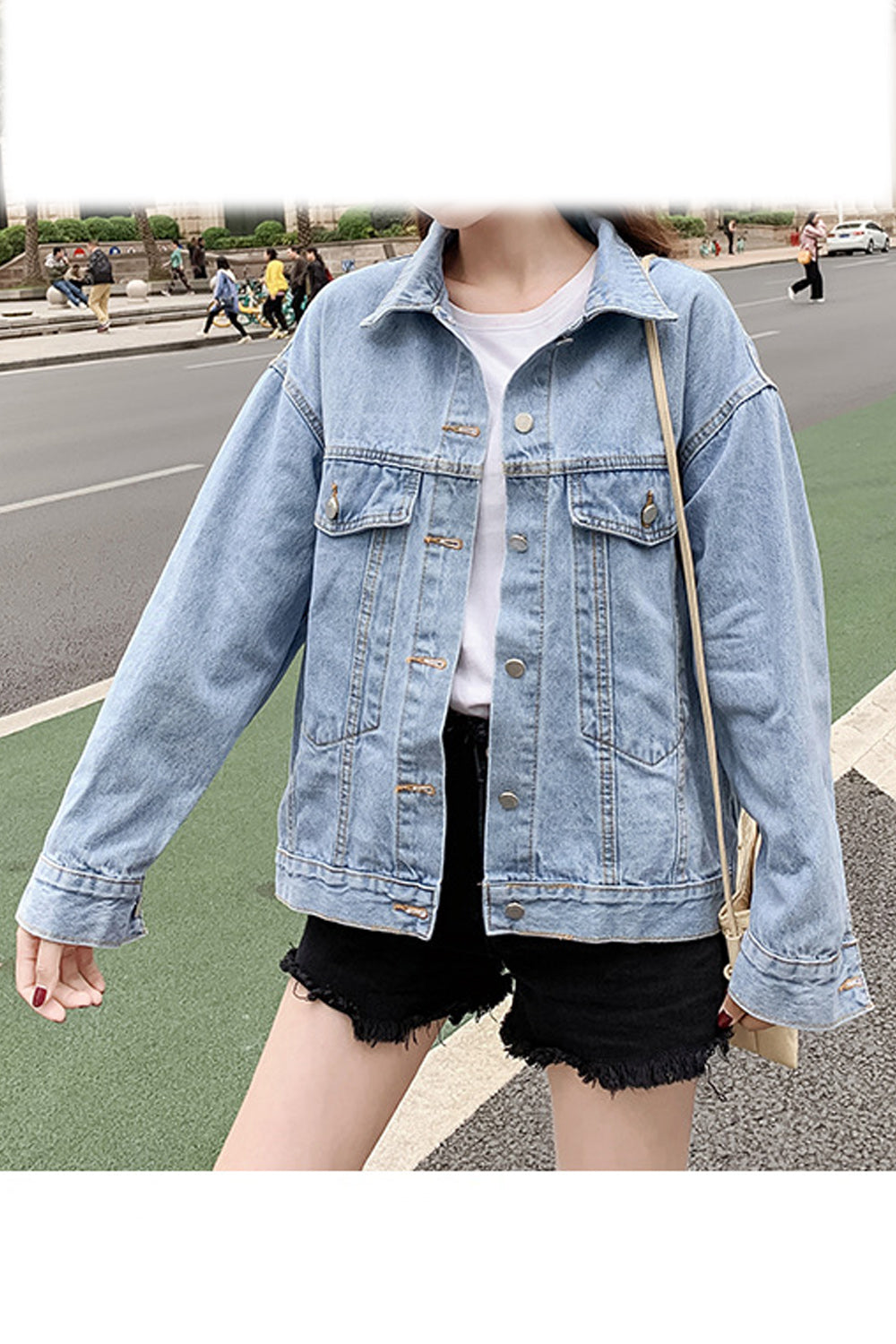 Women Sequins Pattern Thick Long Sleeve Collar Neck Fantastic Denim Jacket
