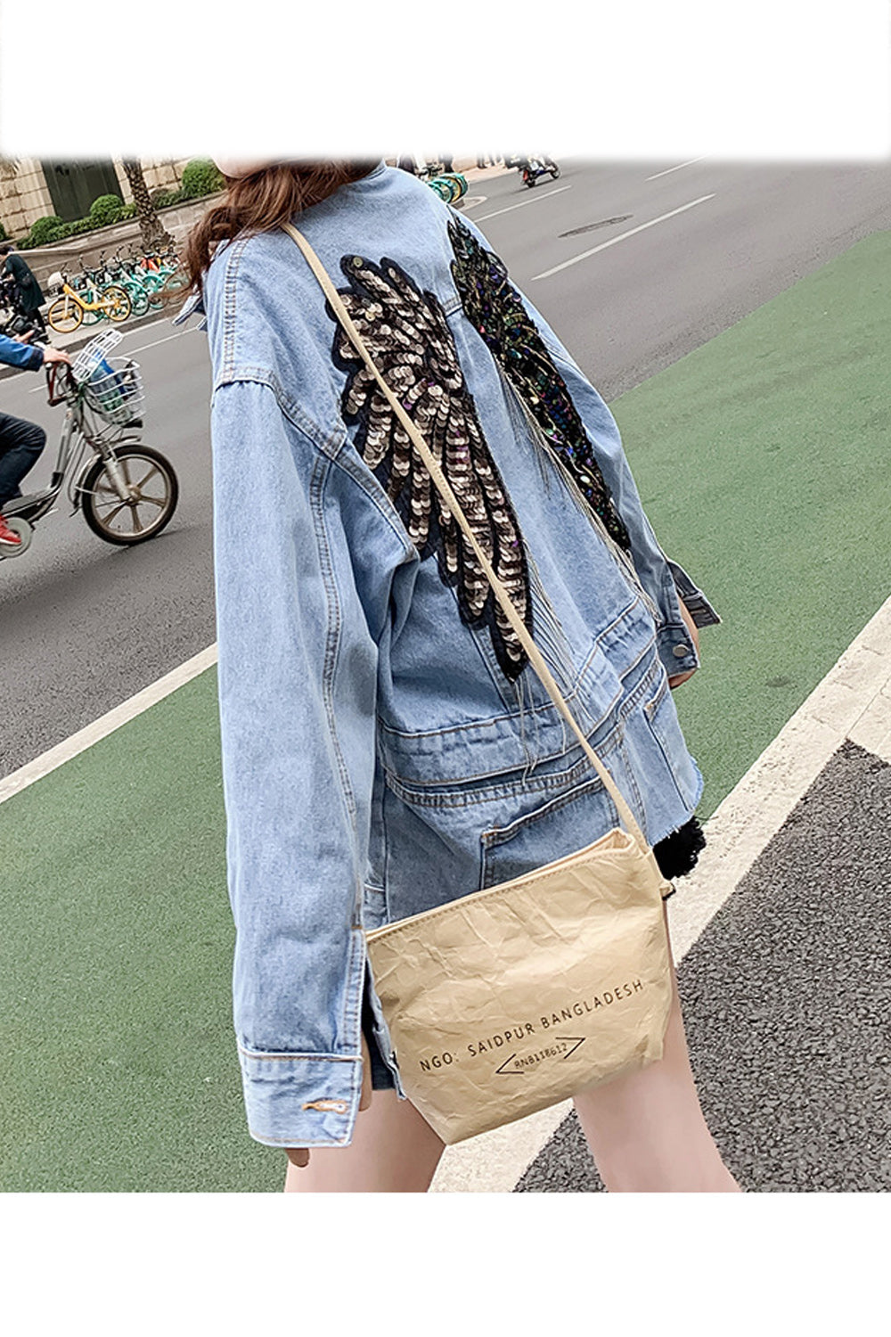 Women Sequins Pattern Thick Long Sleeve Collar Neck Fantastic Denim Jacket