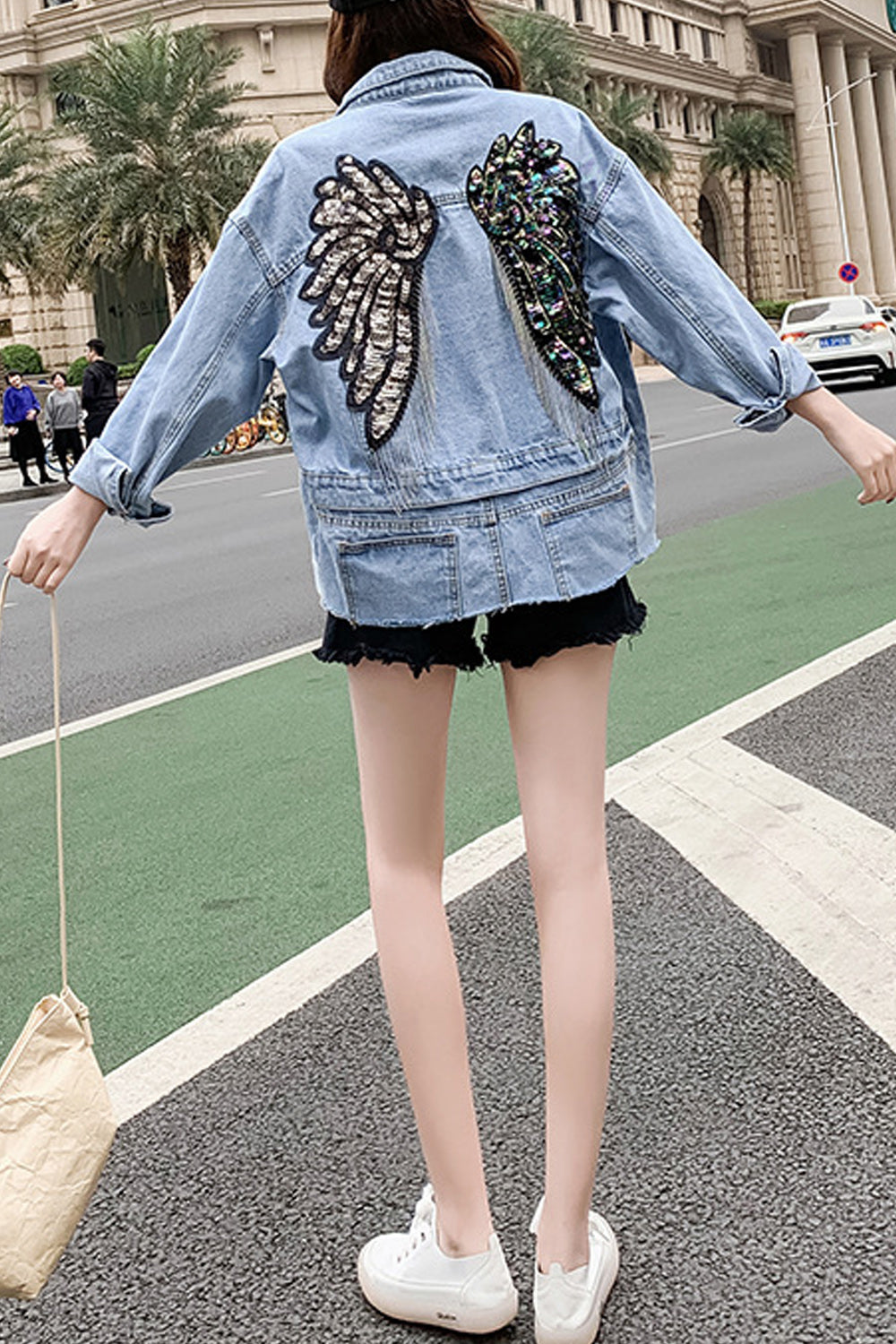 Women Sequins Pattern Thick Long Sleeve Collar Neck Fantastic Denim Jacket