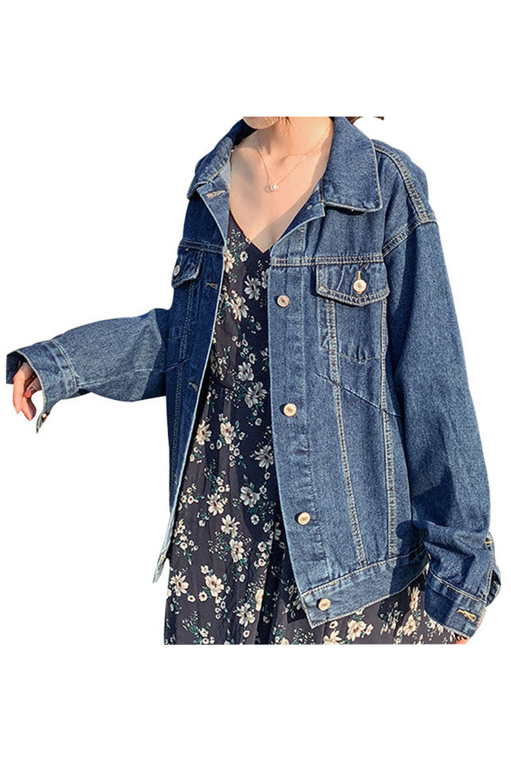 Women Button Down Convenient Loose Long Sleeve Awesome Collar Neck Denim Jacket