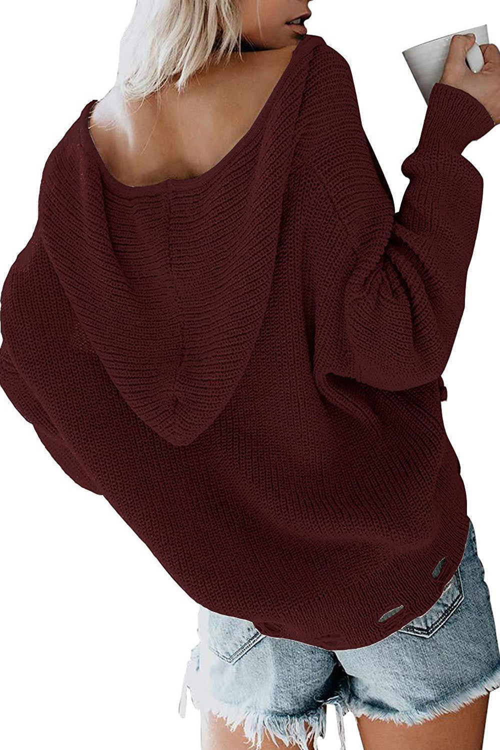 Women Elegant Zipper Closure Long Sleeve Hood Neck Cozy Cardigan
