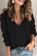 Women Hollow Style V-Neck Solid Colored Thick Button Down Easy Cardigan