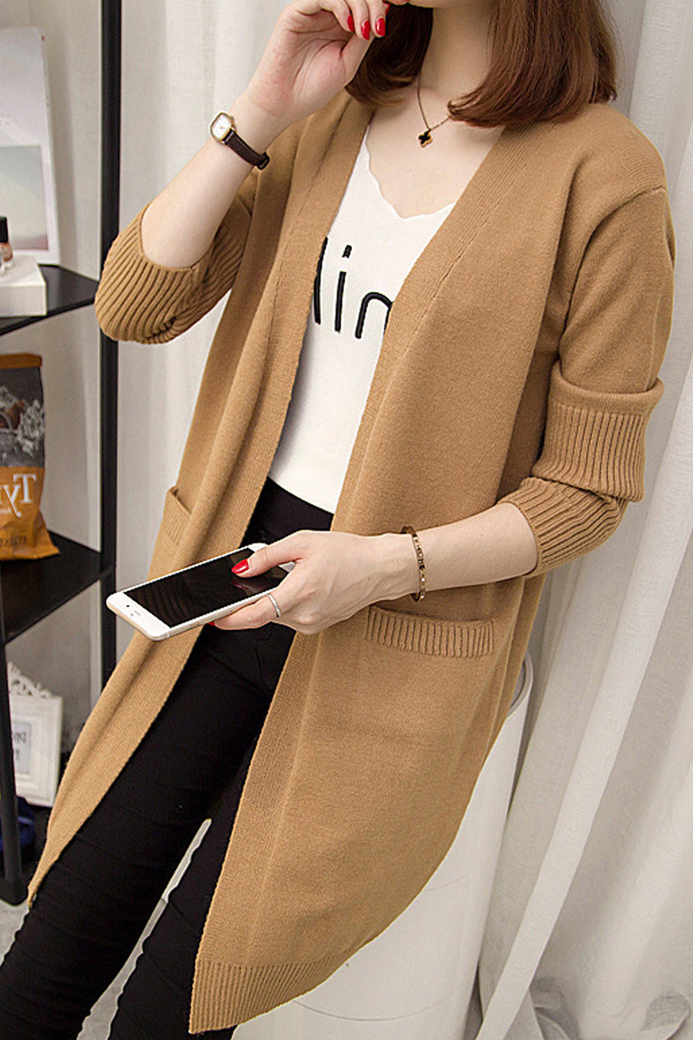 Women Long Length Warm Solid Colored Beautiful Winter Cardigan