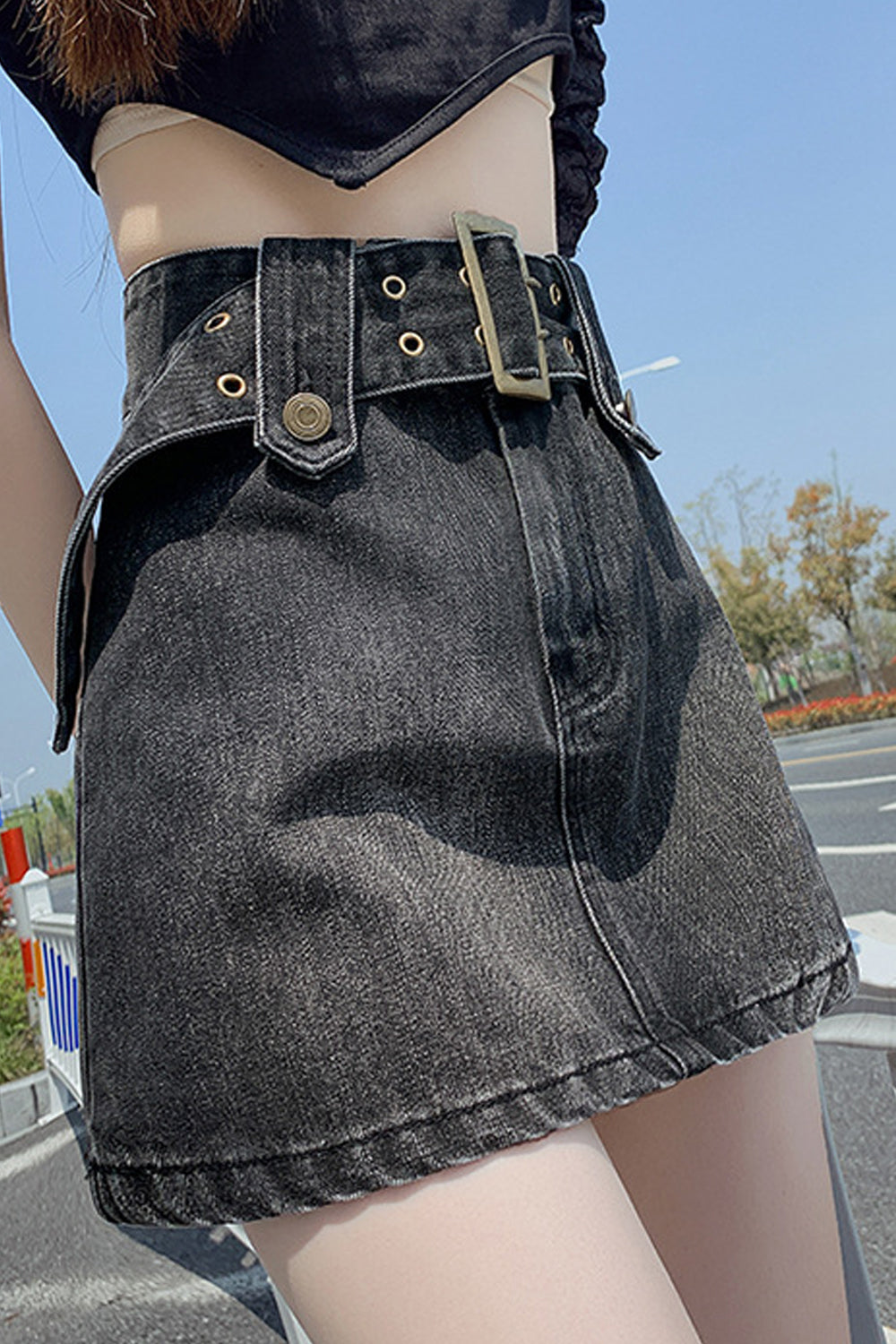 Women Modern Solid Pattern High Waist Stylish Belt Style Weekend Casual Denim Skirt