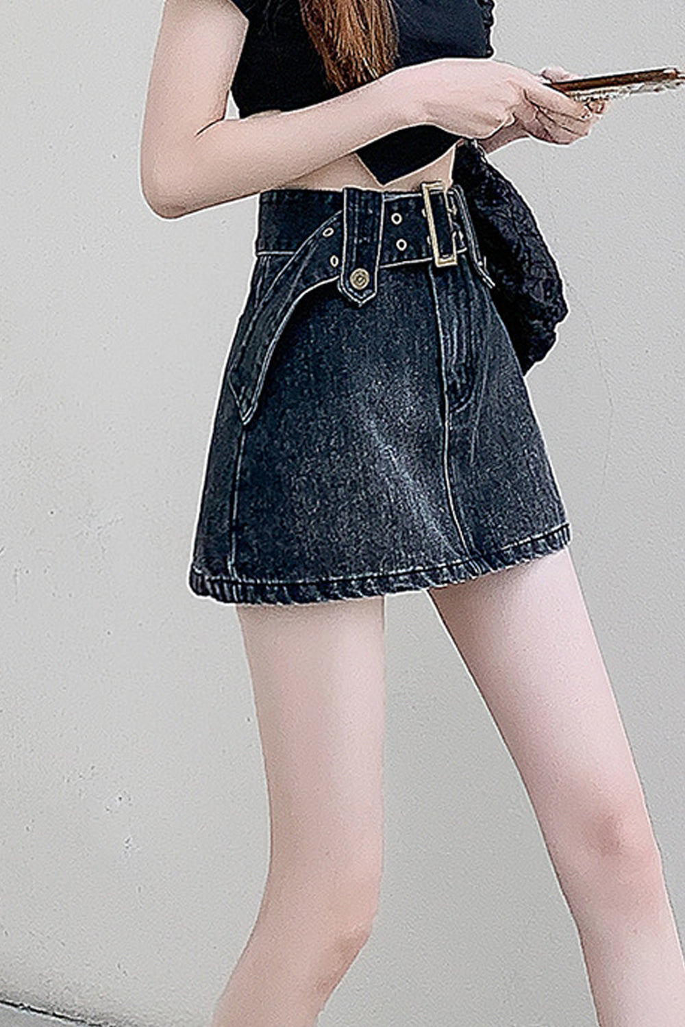 Women Modern Solid Pattern High Waist Stylish Belt Style Weekend Casual Denim Skirt