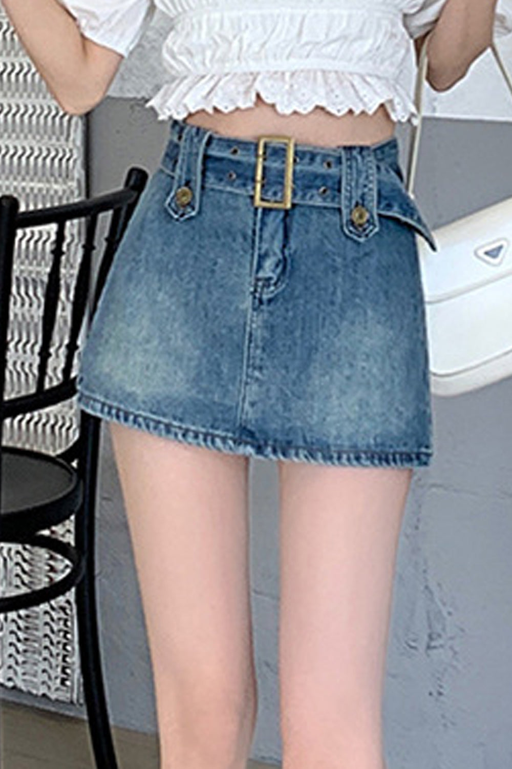 Women Modern Solid Pattern High Waist Stylish Belt Style Weekend Casual Denim Skirt