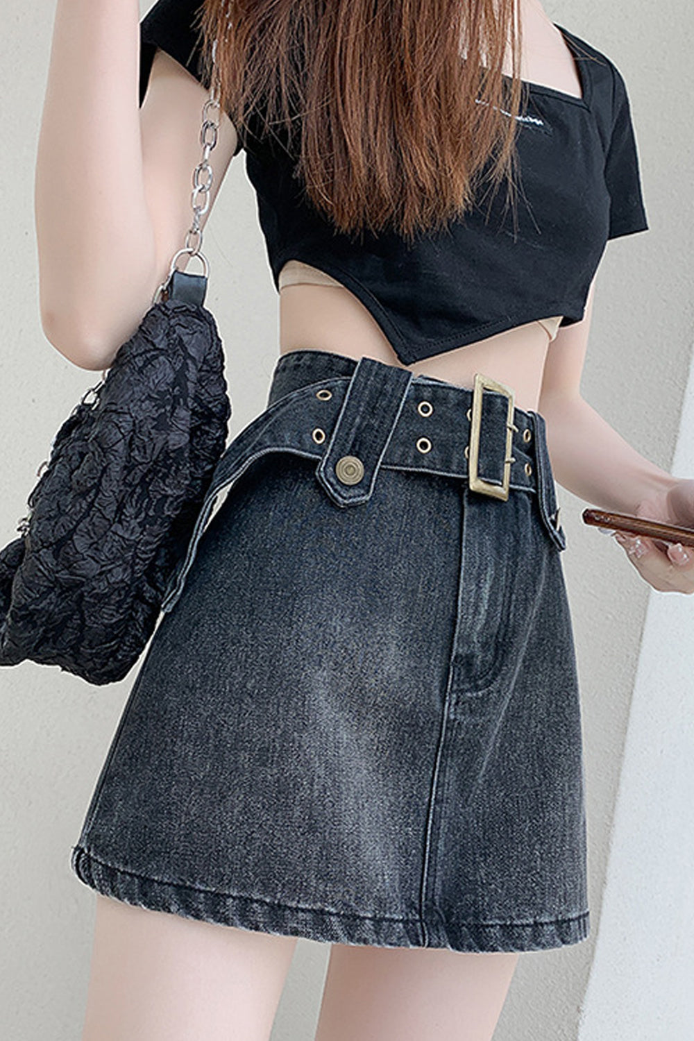 Women Modern Solid Pattern High Waist Stylish Belt Style Weekend Casual Denim Skirt