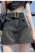 Women Modern Solid Pattern High Waist Stylish Belt Style Weekend Casual Denim Skirt