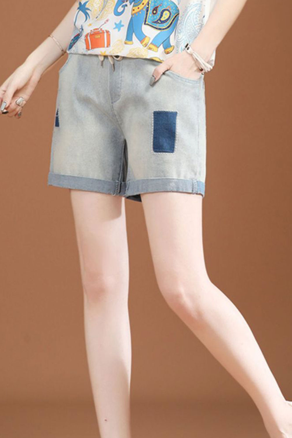 Women Elegant Drawstring Elasticated Waist Solid Pattern Folded Style Denim Summer Short