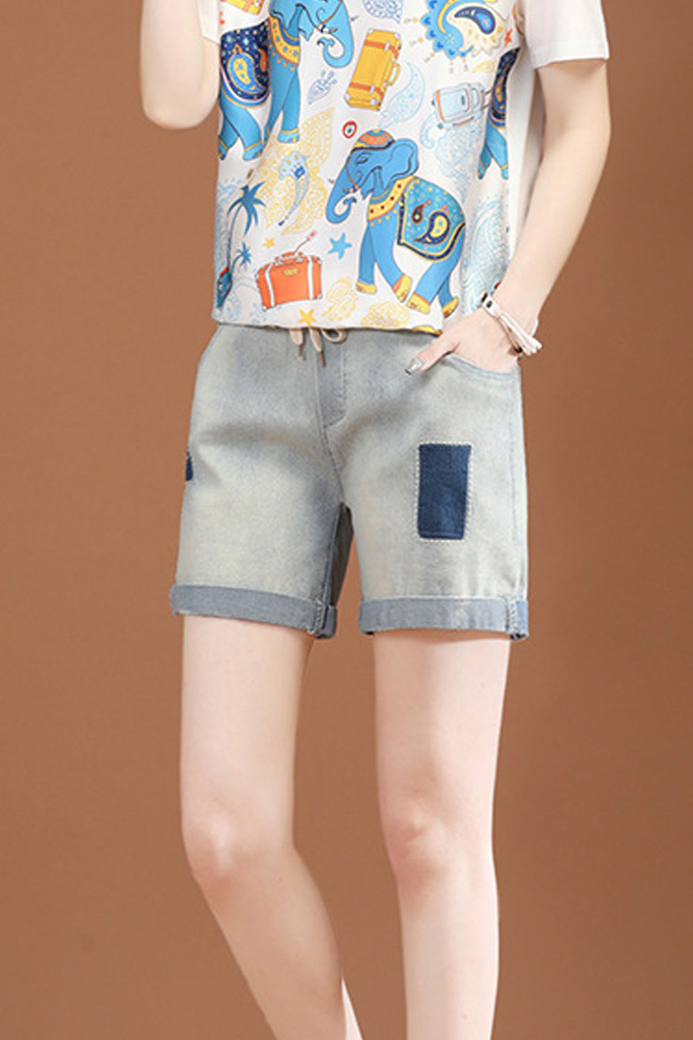 Women Elegant Drawstring Elasticated Waist Solid Pattern Folded Style Denim Summer Short