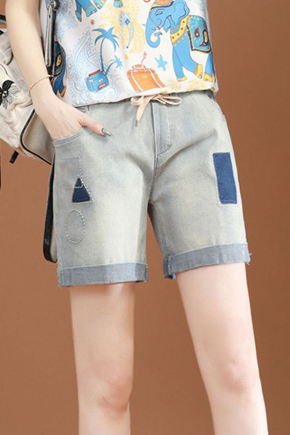 Women Elegant Drawstring Elasticated Waist Solid Pattern Folded Style Denim Summer Short