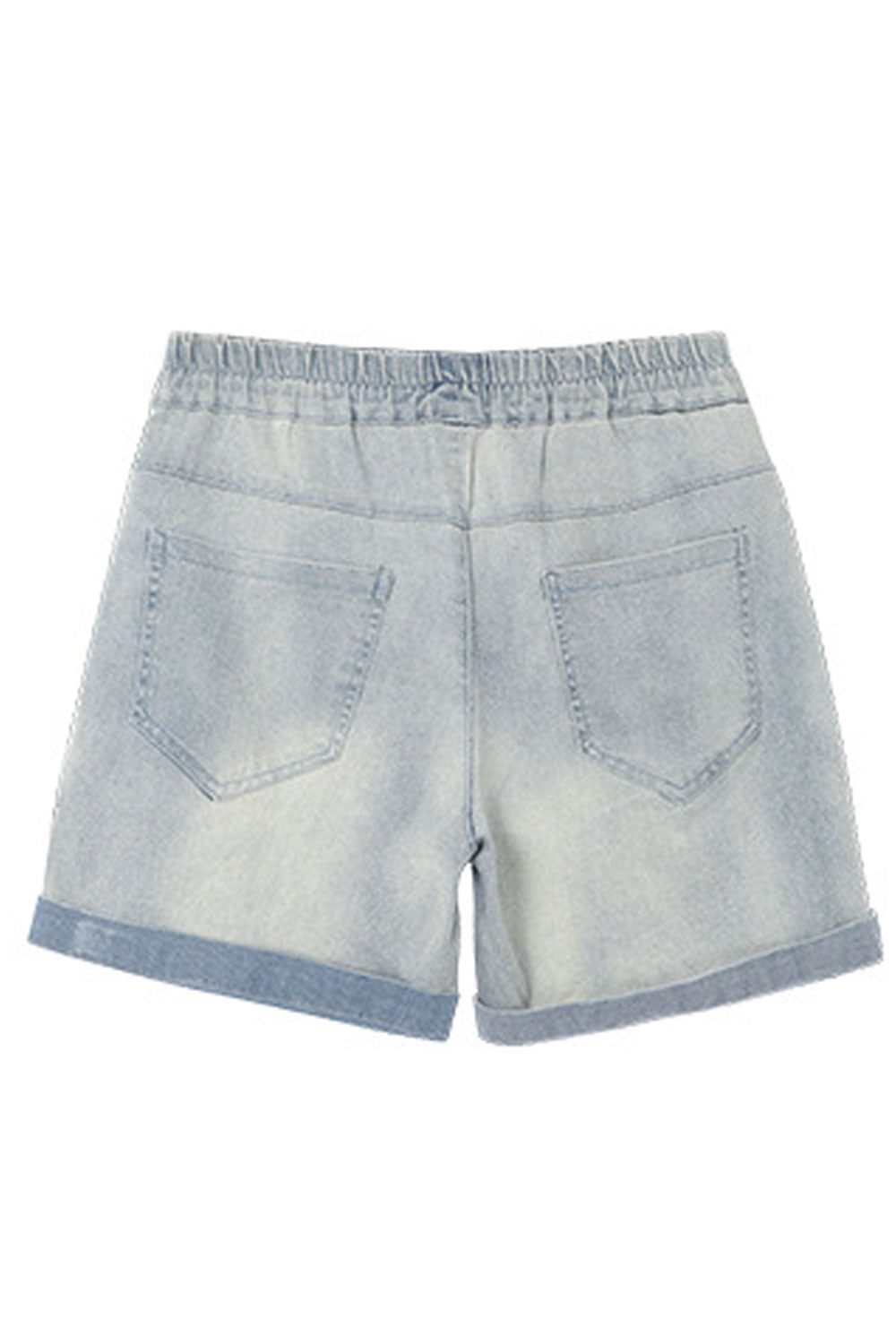 Women Elegant Drawstring Elasticated Waist Solid Pattern Folded Style Denim Summer Short
