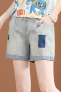 Women Elegant Drawstring Elasticated Waist Solid Pattern Folded Style Denim Summer Short