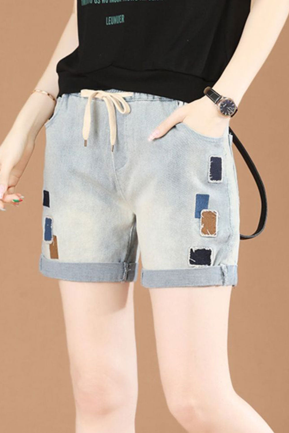 Women Relaxing Drawstring Elasticated Mid Waist Folded Style Solid Pattern Denim Summer Short