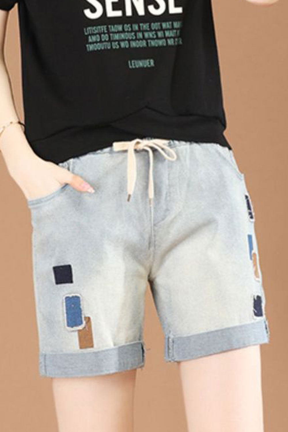 Women Relaxing Drawstring Elasticated Mid Waist Folded Style Solid Pattern Denim Summer Short