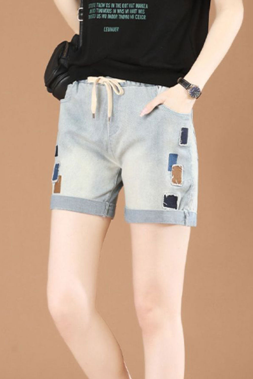 Women Relaxing Drawstring Elasticated Mid Waist Folded Style Solid Pattern Denim Summer Short