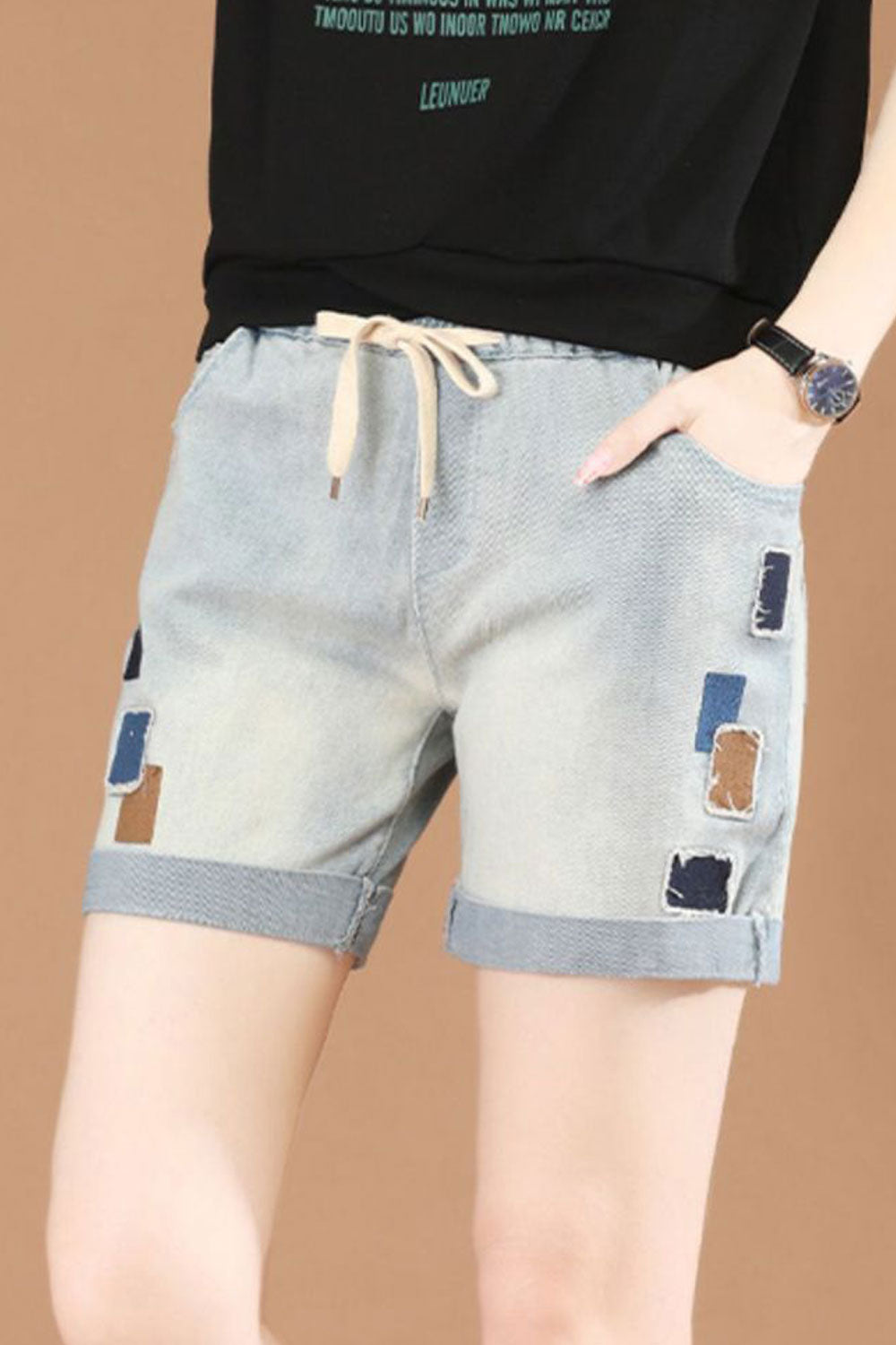 Women Relaxing Drawstring Elasticated Mid Waist Folded Style Solid Pattern Denim Summer Short