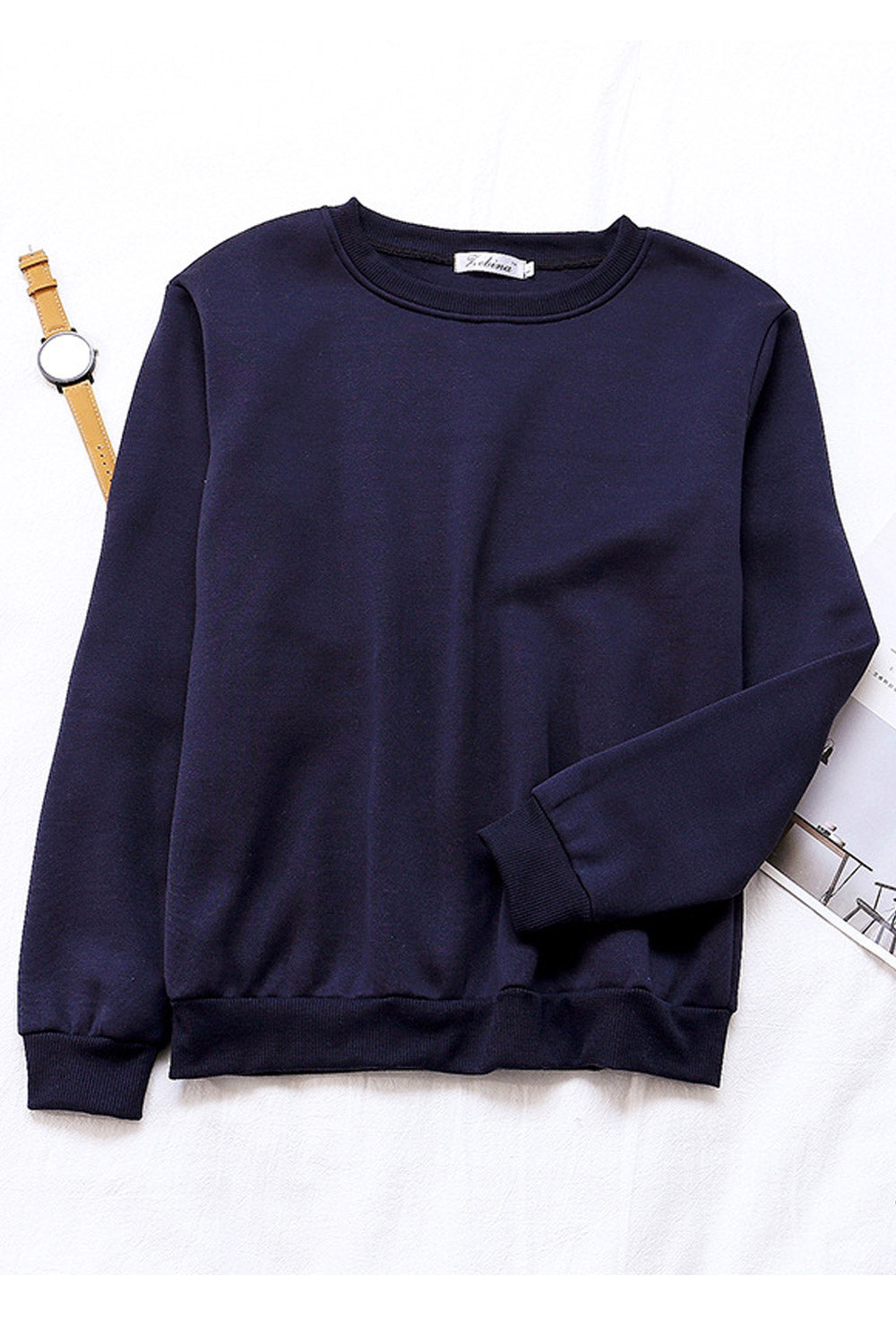 Women Decent Long Sleeve Pullover Ribbed Hem Round Neck Winter Sweatshirt