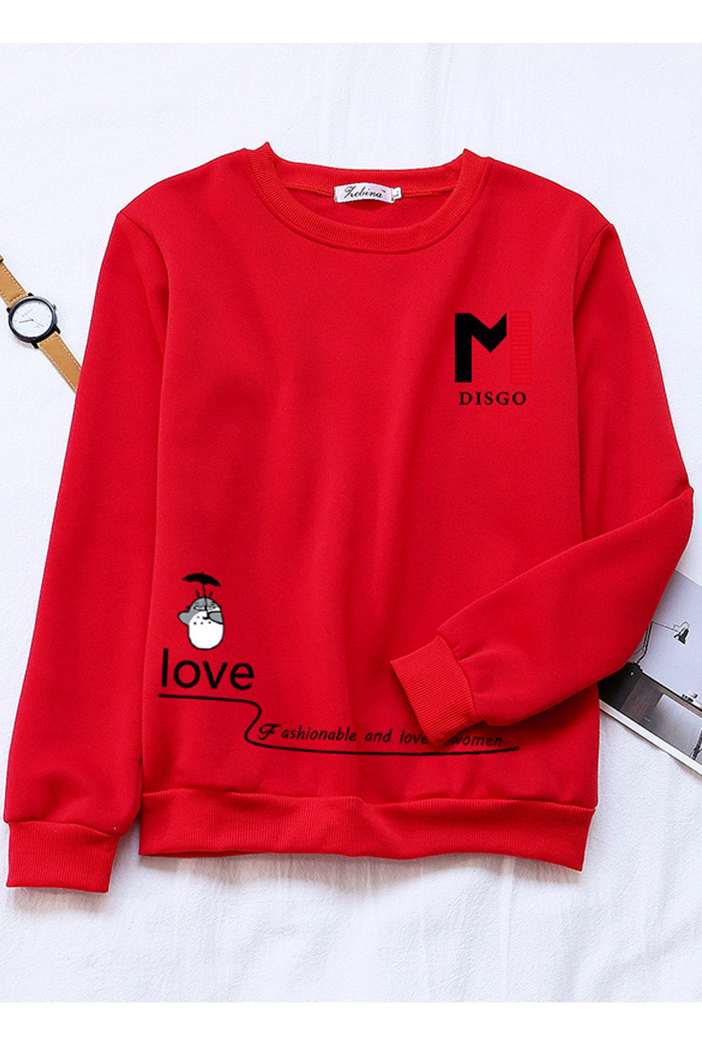 Women Lovely Round Neck Pullover Ribbed Hem Long Sleeve Winter Sweatshirt