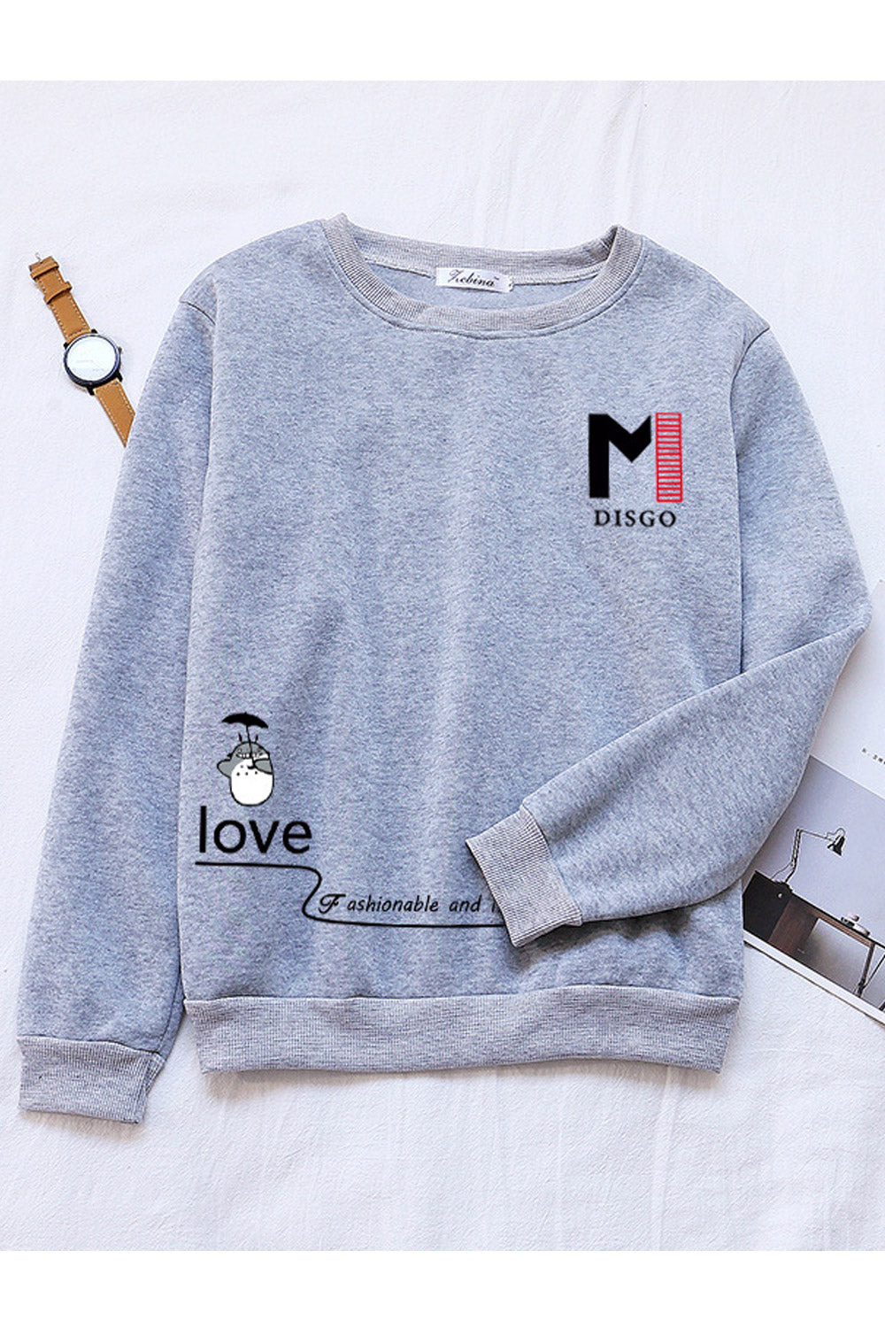 Women Lovely Round Neck Pullover Ribbed Hem Long Sleeve Winter Sweatshirt
