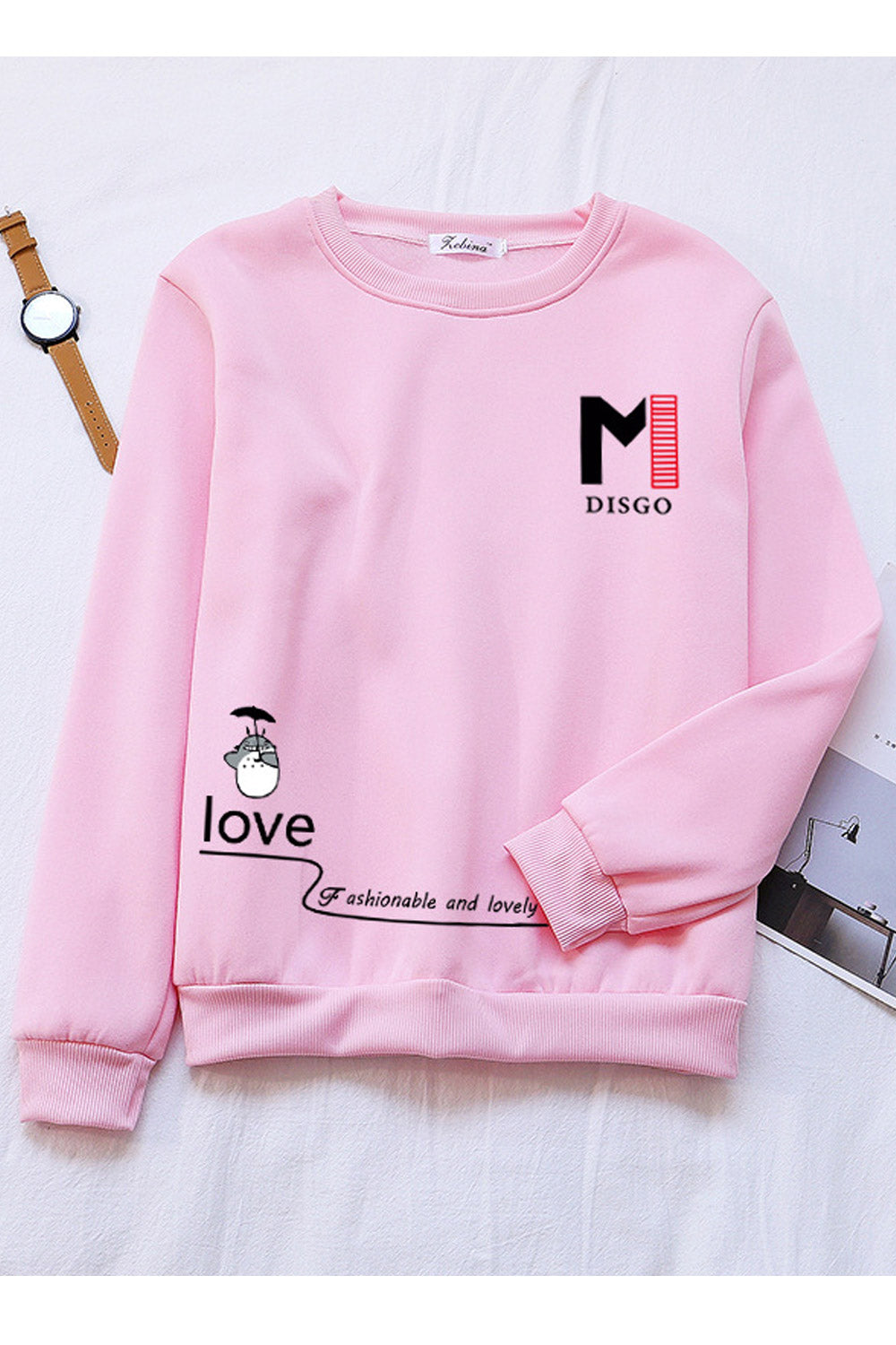 Women Lovely Round Neck Pullover Ribbed Hem Long Sleeve Winter Sweatshirt