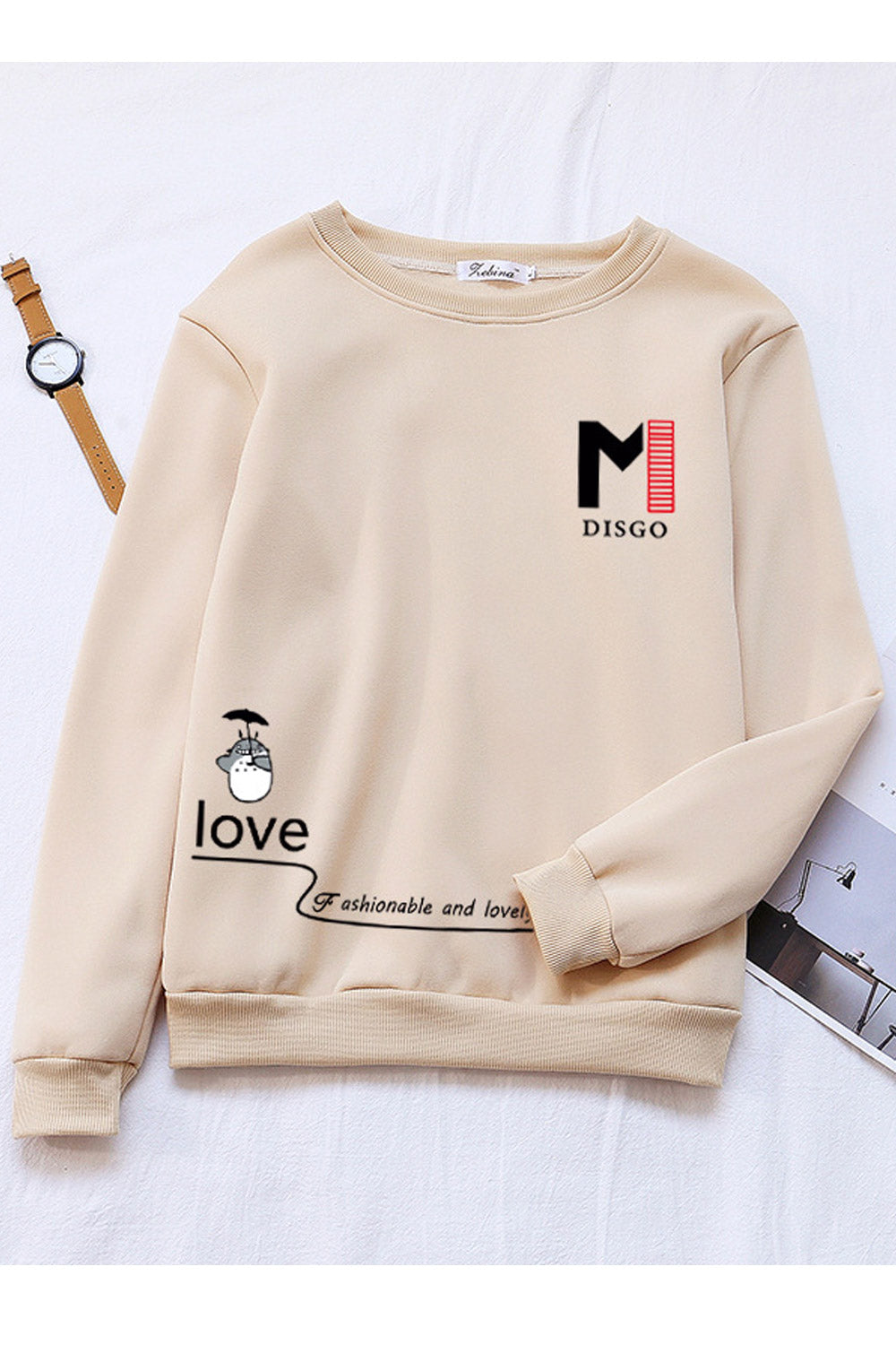 Women Lovely Round Neck Pullover Ribbed Hem Long Sleeve Winter Sweatshirt