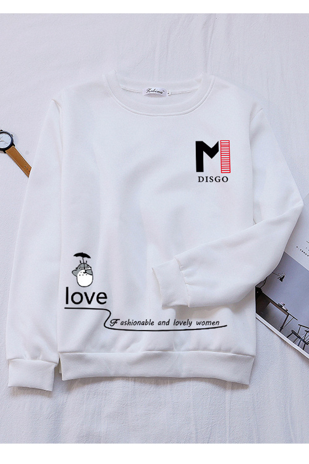Women Lovely Round Neck Pullover Ribbed Hem Long Sleeve Winter Sweatshirt