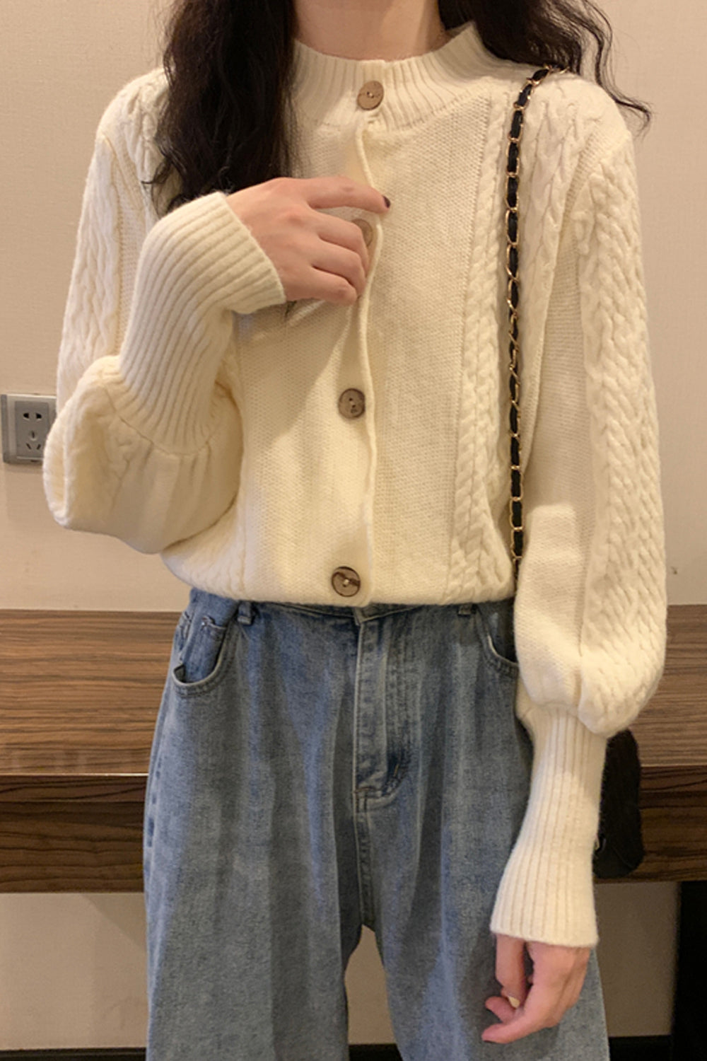 Women Warm Lantern Sleeve Stylish Solid Colored Winter Fashion Button Closure Cardigan