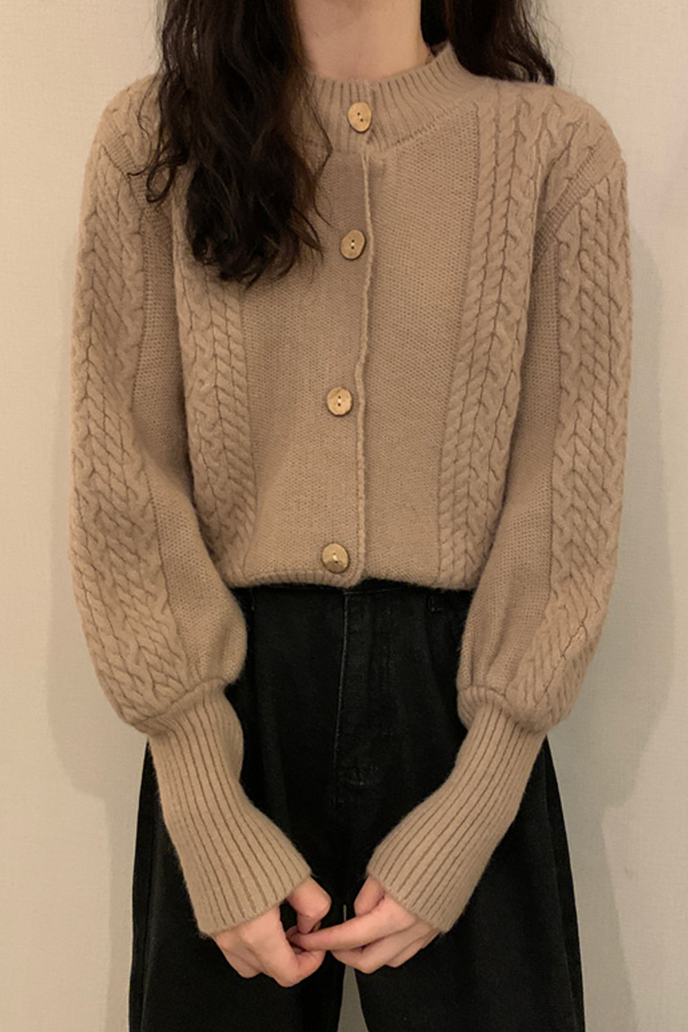 Women Warm Lantern Sleeve Stylish Solid Colored Winter Fashion Button Closure Cardigan