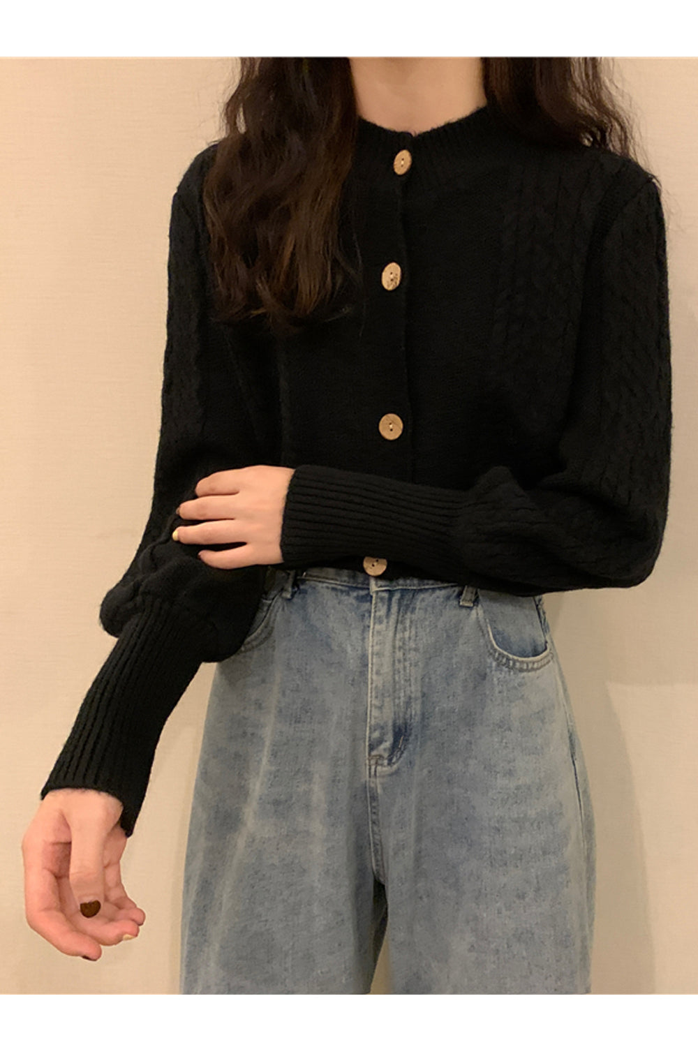 Women Warm Lantern Sleeve Stylish Solid Colored Winter Fashion Button Closure Cardigan