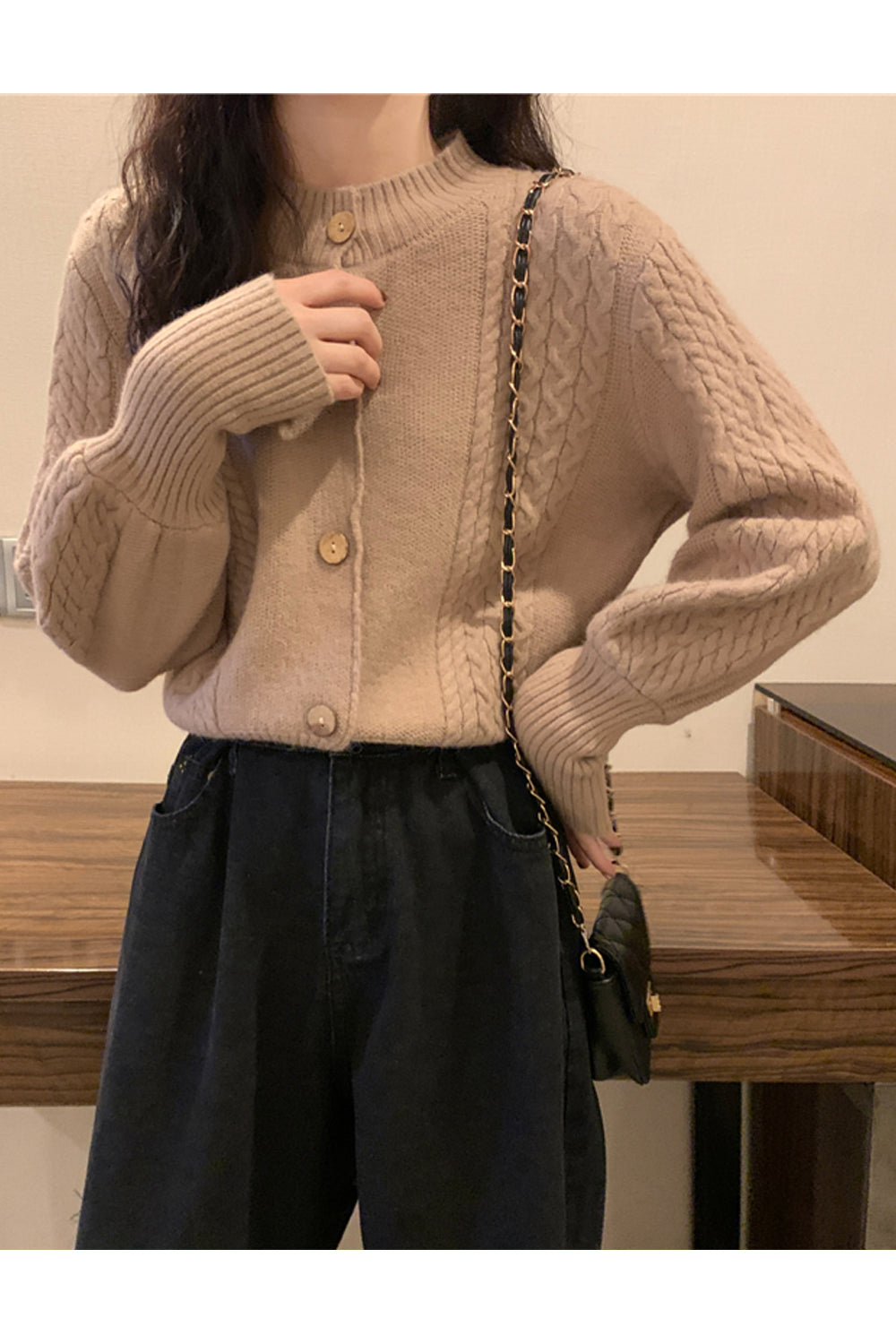 Women Warm Lantern Sleeve Stylish Solid Colored Winter Fashion Button Closure Cardigan