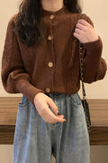 Women Warm Lantern Sleeve Stylish Solid Colored Winter Fashion Button Closure Cardigan