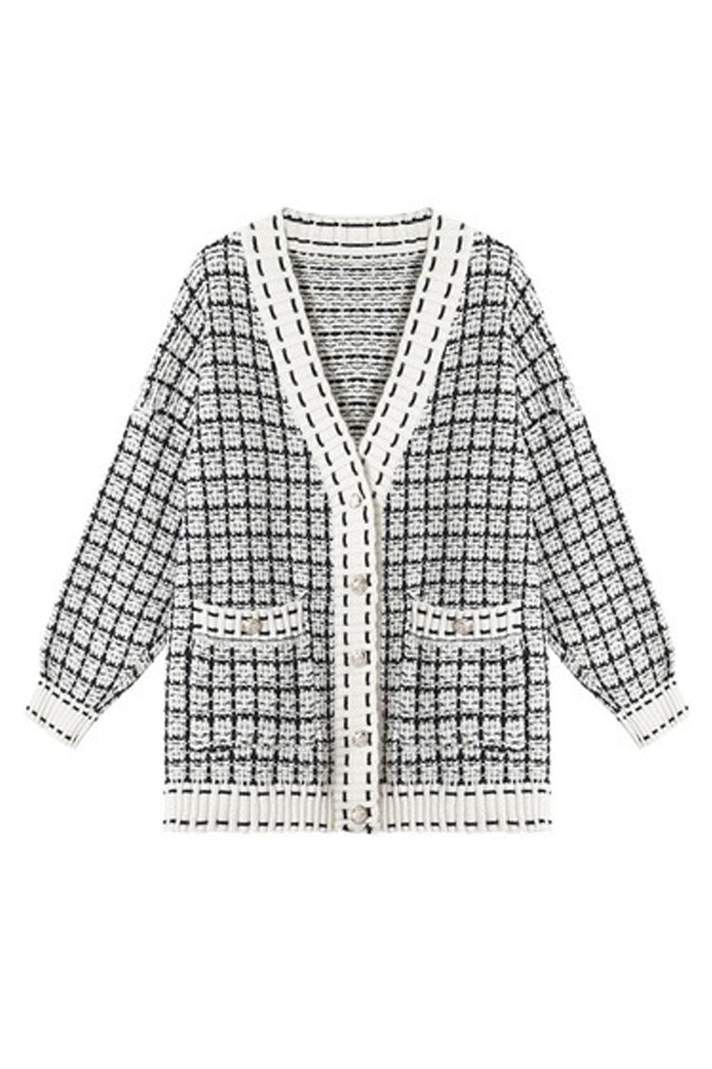 Women Elegent Plaid Pattern Windbreaker Long Sleeve Useful Flap Pockets Button Closure Cardigan