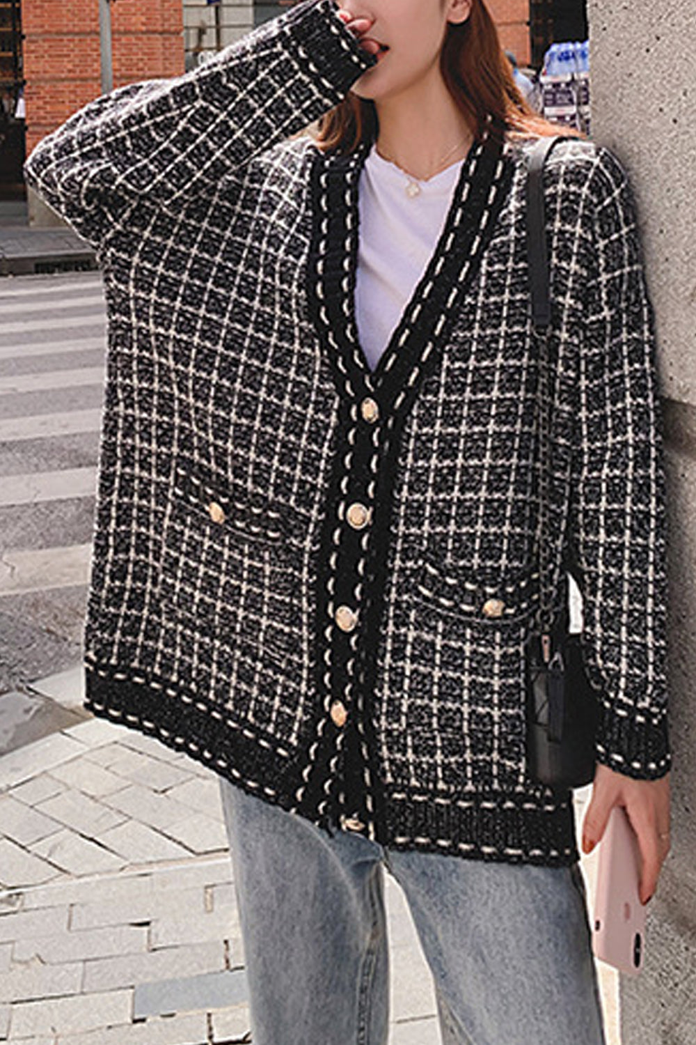 Women Elegent Plaid Pattern Windbreaker Long Sleeve Useful Flap Pockets Button Closure Cardigan