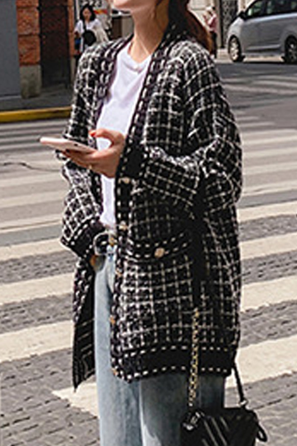 Women Elegent Plaid Pattern Windbreaker Long Sleeve Useful Flap Pockets Button Closure Cardigan