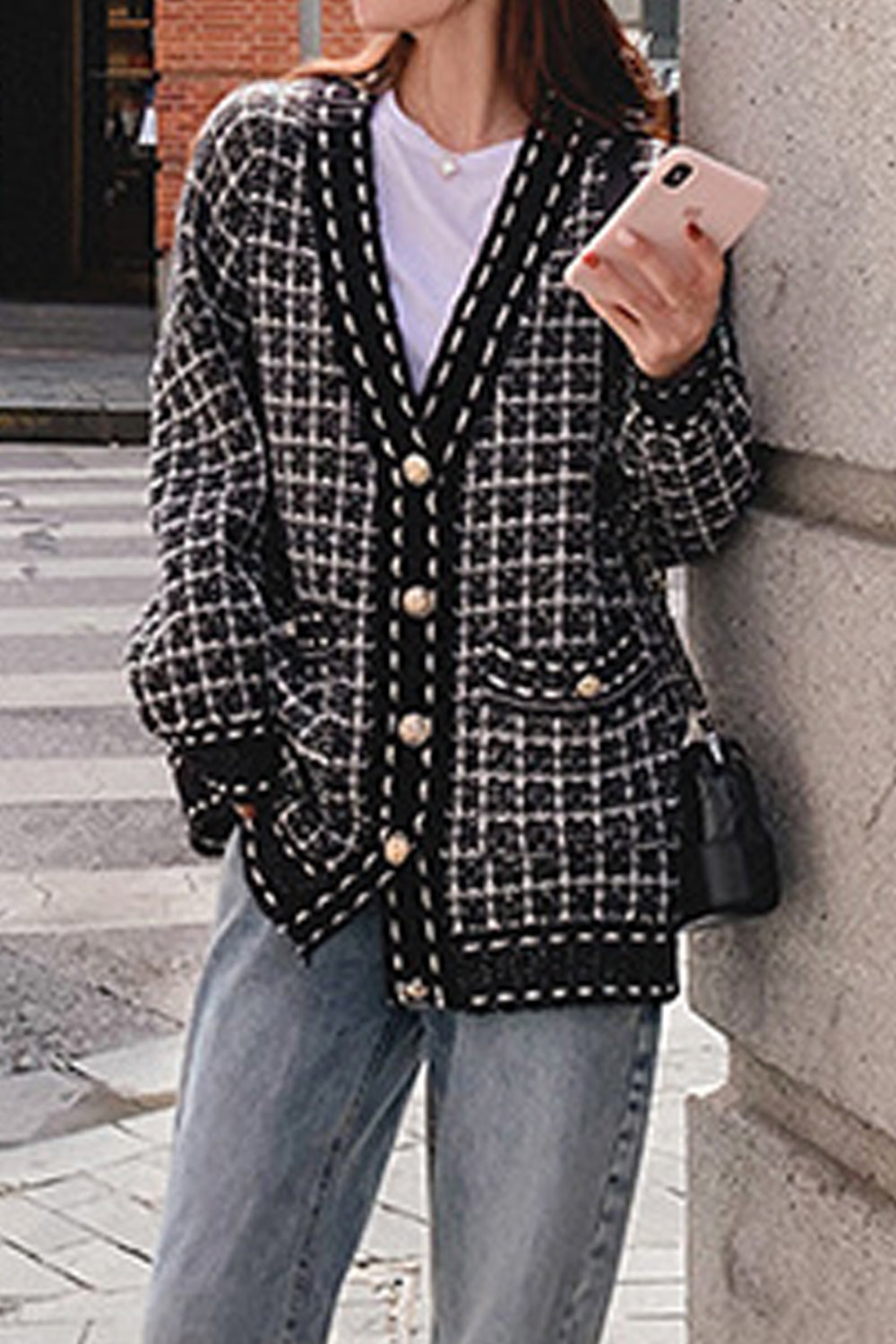 Women Elegent Plaid Pattern Windbreaker Long Sleeve Useful Flap Pockets Button Closure Cardigan