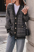 Women Elegent Plaid Pattern Windbreaker Long Sleeve Useful Flap Pockets Button Closure Cardigan