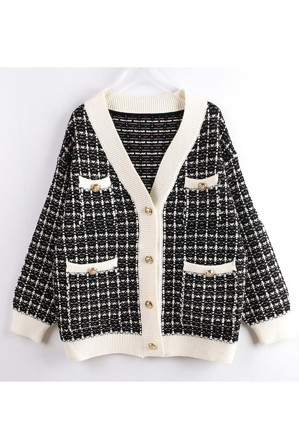 Women Winter Ribbed Cuff Tremendous Plaid Pattern Button Closure Knitted Cardigan