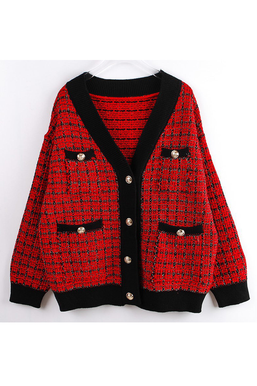 Women Winter Ribbed Cuff Tremendous Plaid Pattern Button Closure Knitted Cardigan